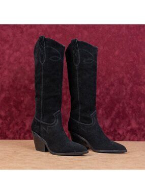 Nine West Women Smah Black Suede Western Cowboy Fashion Knee Boots sz 7